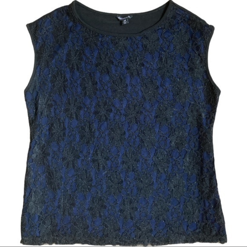 George: L, sleeveless blouse black lace over blue